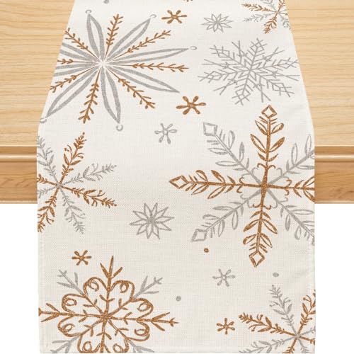 Siilues Christmas Table Runner, Snowflake Decorations, White Gold Christmas Runner for Christmas, Winter Holiday, Indoor Outdoor Decoration, Dining Table Decorations (13 x 60 Inch)