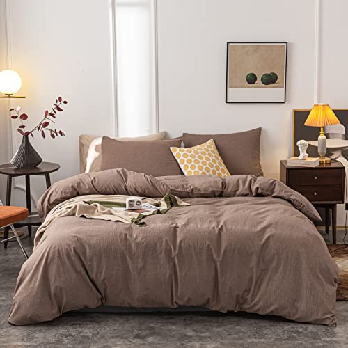 Janlive Washed Cotton Duvet Cover Queen Ultra Soft 100% Cotton Solid Color Coffee Bedding Duvet Cover Set with Zipper Closure -3 Pieces Coffee Queen