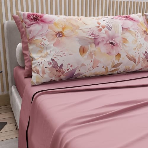 PETTI Artigiani Italiani - Double Bed Sheets Cotton with Pillowcases in Digital Print, Double Bed Sheet Floral Design, Dark Powder, 100% Made in Italy