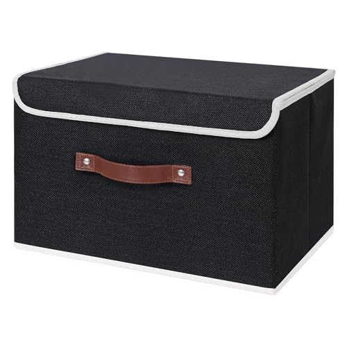ANMINY Storage Bin with Lid Storage Boxes with PU Leather Handles PP Plastic Board Decorative Foldable Lidded Cotton Linen Fabric Home Cubes Baskets Closet Organizer Container - Black, Large Size