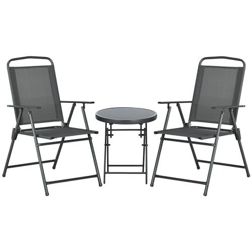 Outsunny Garden Bistro Set, 3 Pieces Table and Chairs Set, Outdoor Garden Furniture with Foldable Breathable Mesh Fabric Armchairs & Glass Top Coffee Table, Dark Grey