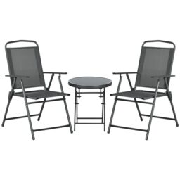 Outsunny Garden Bistro Set, 3 Pieces Table and Chairs Set, Outdoor Garden Furniture with Foldable Breathable Mesh Fabric Armchairs & Glass Top Coffee Table, Dark Grey