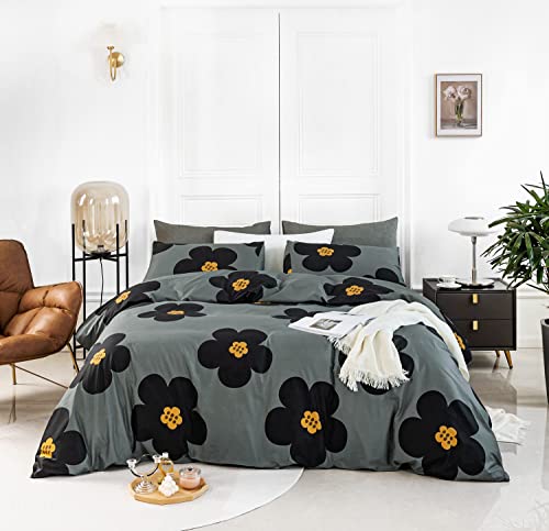 YuHeGuoJi Cartoon Flower Duvet Cover Queen 100% Cotton 3 Pcs Set 1 Garden Yellow Black Floral Duvet Cover with Zipper Ties 2 Pillowcases Cute Blossom Grey Botanical Bedding Set Soft