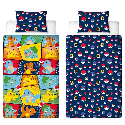 Pokemon Officially Licensed Single Kids Duvet Cover Set - Pikachu Bulbasaur Charmander Squirtle Design Reversible 2 Sided Bedding with Matching Pillowcase - Childrens Single Bed Set