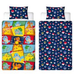 Pokemon Officially Licensed Single Kids Duvet Cover Set - Pikachu Bulbasaur Charmander Squirtle Design Reversible 2 Sided Bedding with Matching Pillowcase - Childrens Single Bed Set