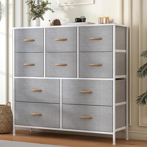Feonase Chest of Drawers with 10 Drawers,Fabric Dresser Storage Drawers,bedroom drawers,Metal Frame & Wooden Top,for Bedroom,Closet,Living Room (Light Gray, 30D x 100W x 97 H cm (10 draws))