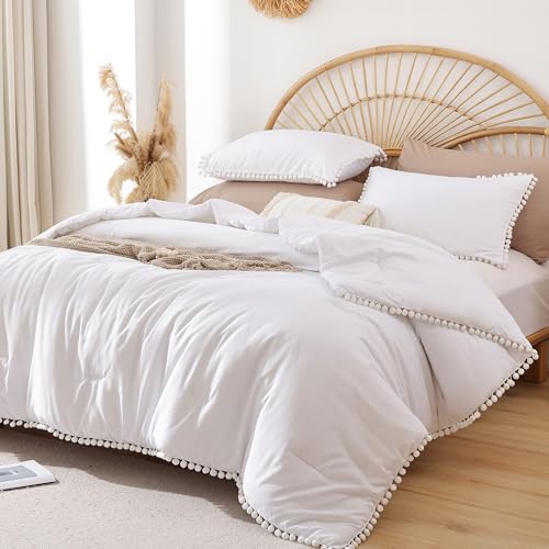 "YIRDDEO King Size Comforter Set - King Size Comforter with Ball Pom Fringe, Soft King Bedding Set for All Seasons - 3 Pieces, 1 Comforter (104""x90""inches) & 2 Pillow Shams(20""x36""), White"