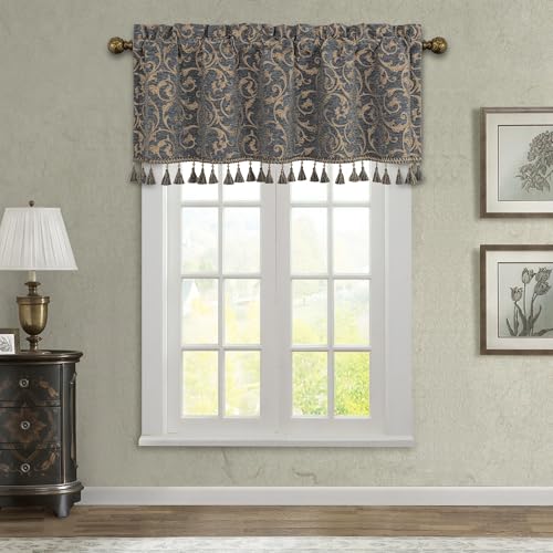Loom and Mill Elegant Damask Valances for Living Room Window, Classic Acanthus Chenille Jacquard Window Treatment Valances with Tassels, Rod Pocket Short Curtain 1 Panel, 54??? x 18???, Blue-Grey+Khaki