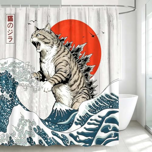 JAWO Funny Cat Shower Curtain, Japanese Ocean Wave Cat Fun Shower Curtain Nautical Kids Children Rustic Wooden Farmhouse Shower Curtains, 72X72inch