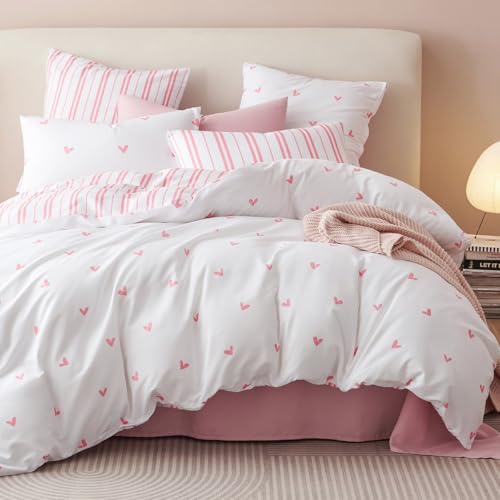 Bildenly Duvet Cover Queen Size White Pink Love Heart Striped Reversible Comforter Cover Soft & Lightweight Microfiber Quilt Cover with Zipper Closure and 2 Pillowcases