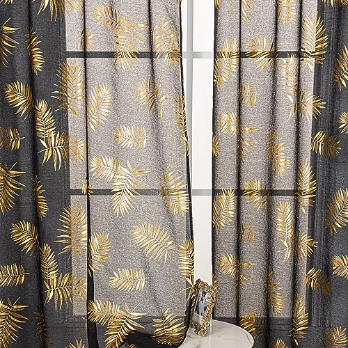 "Sutuo Home Sheer Curtains Gold Foil Print Metallic Tropical Leaves Privacy Voile Window Decoration for Bedroom/Living Room Set of 2, 52""W x 63""L"