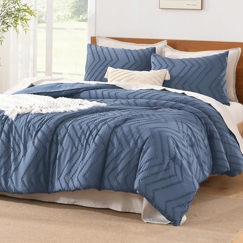 Litanika Oversized King Comforter Set, 3 Pcs Boho Tufted Bedding Set - Ocean BlueNeutral Lightweight Fluffy Chevron Textured Bohemian Bedding Set Gift Choice
