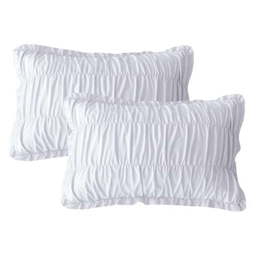 "QSH White Ruffled Pillow Shams Standard Size Set of 2,Shabby Boho Chic Ruched Pillowcases Standard Ultra Soft and Luxury Microfiber Pillow Cover 20""x26"" for Bedroom"