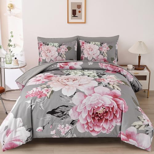Dintszyayue Grey Comforter Set Queen Size,7 Pieces Pink Floral Print Bed in Bad Elegant Flower Bedding Set Soft Bedding for All Season with Flat Sheet, Fitted Sheets, Pillowcases & Shams