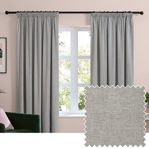 furn. Soft Chenille Blackout Pencil Pleat Curtain Pair – Soft Touch Matt Textured Lined Minimalist Curtains (Silver - 168x183cm)