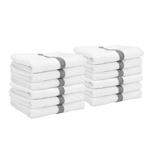 Arkwright Cotton White Hand Towels with Grey Center Stripes, Pack of 12 Absorbent Gym Towel for Hotel, Spa (16 x 27 Inch)