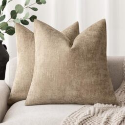 Foindtower Pack of 2 Textured Chenille Throw Decorative Pillow Covers Square Accent Solid Cushion Cover Neutral Farmhouse Pillow Case for Couch Sofa Bedroom Living Room 22x22 Inch,Taupe Khaki Camel