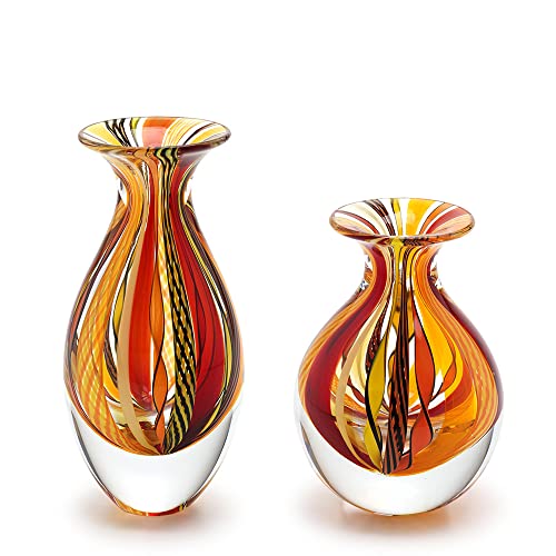 Ca D Oro Pair of Small Glass Vases Boho with Red/Yellow Canes Hand Blown Murano-Style Art Glass - Models N?? 2/3