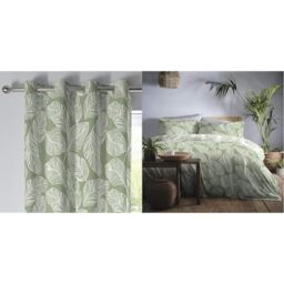Fusion - Matteo - 100 Pour cent Cotton Pair of Eyelet Curtains - Green - 46 Width x 54 Drop & Matteo Green Leaf Double Duvet Set Cover (1 Double Duvet & 2 Pillowcases), 200 x 200cm