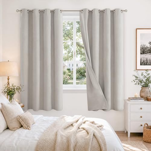 BGment Oatmeal Blackout Curtains for Bedroom 63 Inch Long - Linen Textured Thermal Insulated Light Blocking Lightweight Bronze Grommet Window Drapes for Farmhouse Living Room, 2 Panels, 52 x 63 Inch