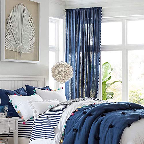 "Treatmentex Pom-Pom Navy-Blue Sheer Curtains for Bedroom Windows 84inches Long Linen Textured Look Sheer Drapes for Living Room 52"" w x 2Pack"