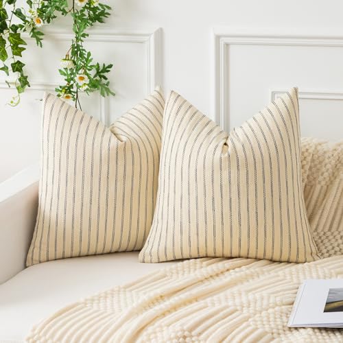 Kevin Textile Set of 2 Cream White Pillow Covers 16 x 16 Inch Farmhouse Boho Woven Texture Decorative Throw Pillow Covers Linen Cushion Covers for Sofa Couch D??cor
