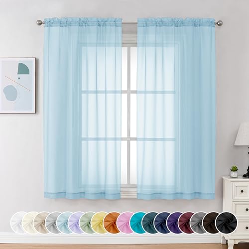 Chyhomenyc Sky Blue Sheer Curtains 63 Inch Length 2 Panels, Light Filtering Airy Rod Pocket Window Curtain Treatment Drapes for Bedroom Living, Each 42Wx63L Inches