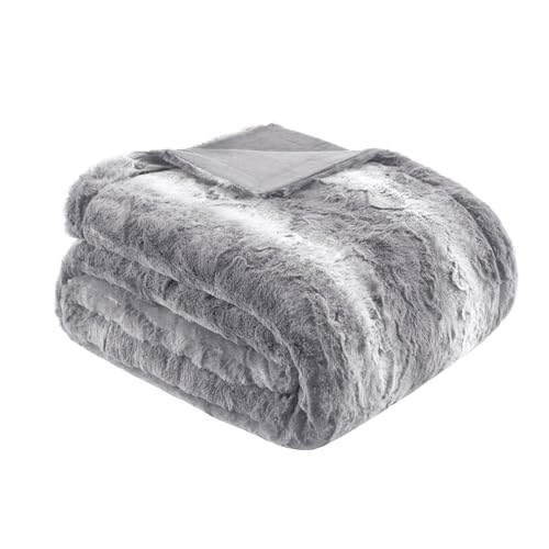 Madison Park Zuri Soft Plush Luxury Oversized Faux Fur Throw Animal Stripes Design, Faux Mink On The Reverse, Modern Cold Weather Blanket for Bed, Sofa Couch, 60x70, Grey