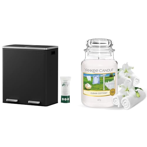 SONGMICS Double Rubbish Bin, 2 x 30L Waste and Recycling Kitchen Bin with 15 Rubbish Bags, Black LTB60BK & Yankee Candle Scented Candle - Clean Cotton Large Jar Candle - Long Burning Candles