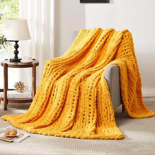 L'AGRATY Chunky Knit Throw Blanket for Couch, 72 x 84 Inches Mustard Yellow - Handmade Chenille Crochet Blanket for Sofa Bed, Thick Cable Knitted Blankets for Room Home Decor, Birthday Gift for Women Mom