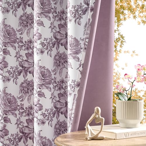 Purple Floral Curtains for Bedroom 84 Inches Long French Romantic Princess Lavender Pink Flower Print Curtains Grommet Thermal Insulated Room Darkening Light Filtering Window Treatment, 2 Panels Set
