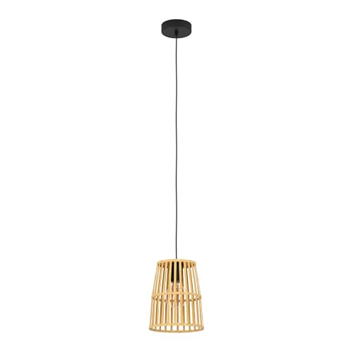 EGLO Pendant lighting Eyam, 1 lamp ceiling light fitting, boho style hanging lamp for dining and living room, black metal and natural bamboo, E27 socket