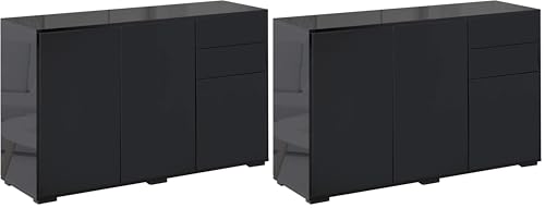 HOMCOM High Gloss Frame Sideboard, Side Cabinet, Push-Open Design with 2 Drawer for Living Room, Bedroom, Black (Pack of 2)