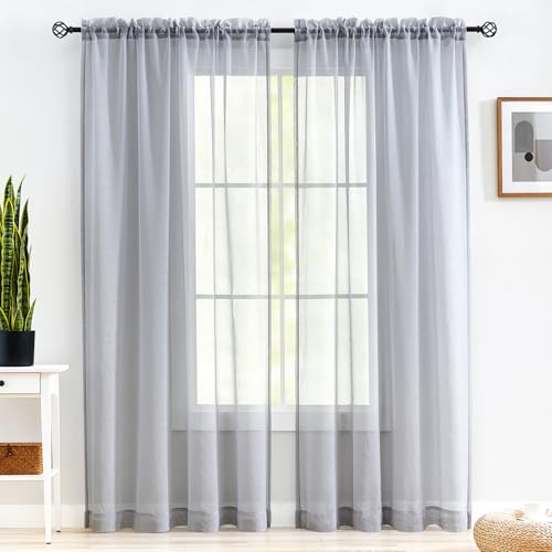 "MYSTIC-HOME Sheer Curtains 84 Inches Long, Rod Pocket Sheer Drapes Bedroom, 2 Panels, Semi Crinkle Voile Window Treatments Parlor, Silver Grey, 52"" Wx84 L"