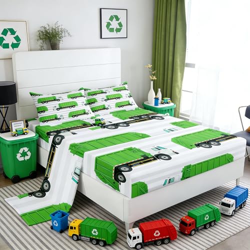 Garbage Truck Boys Sheet Set Full,Grey Geometric Stripes Bedding Set Powered Waste Management Recycling Truck Deep Pocket Sheet Kids Teens,Green Cartoon Vehicles Fitted Sheet 4pcs,2 Pillowcases