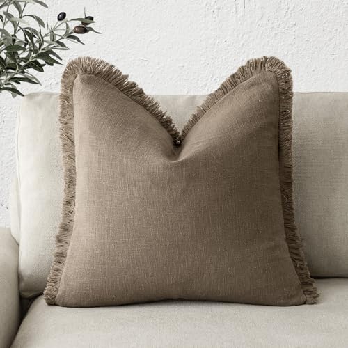 Foindtower Decorative Linen Fringe Throw Pillow Covers Cozy Boho Farmhouse Cushion Cover with Tassels Soft Accent Pillowcase for Chair Sofa Bed Living Room Home Decor, 24??24 Inch, 1PC, Light Brown