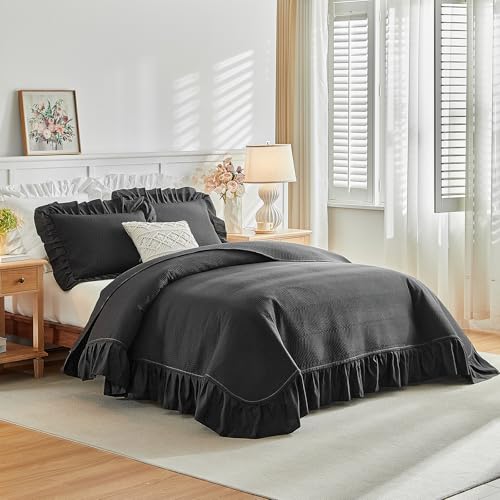 Flysheep 3 Pieces Dark Grey Quilt Set King Size, Wide Ruffled Fringe Lightweight Bedspread Bedding Set for All Season (1 Quilt + 2 Shams)