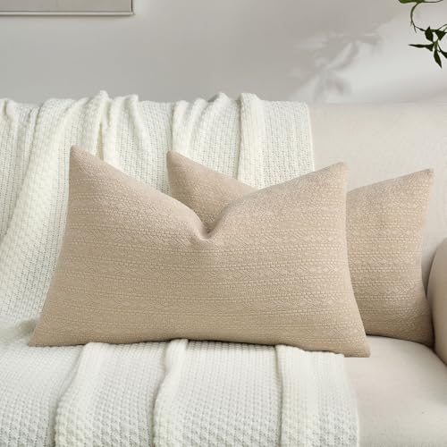 FUTEI Pack of 2 Solid Chenille Throw Pillow Covers 12x20 Inch Soft Farmhouse Decorative Accent Lumbar Pillowcases Modern Home Decor for Couch Living Room, Oatmeal