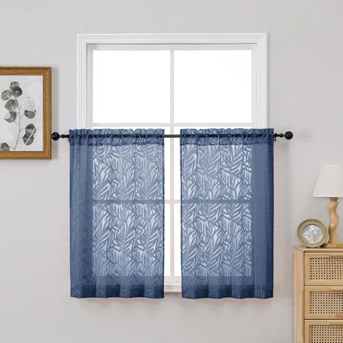 OVZME Textured Dusty Blue Sheer Curtains Tier 36 inch Length 2 Panels, Light Filtering Elegant Farmhouse Short Sheer Curtains for Bedroom Basement Small Window, Dual Rod Pocket, 2x28Wx36L Inches