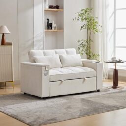Ball & Cast 2 Seater Pull Out Sofa Bed, Double Recliner Sofa with Cup Holder and Hidden Table, Daybed with USB&Type-C, 3-Gear Back Angle Adjustable, Suitable for Apartment, Living Room, Bedroom, Beige