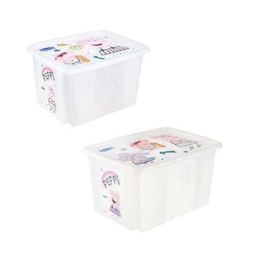 keeeper Karolina 2 x Peppa Pig Storage Box with Lid, Rotating and Stackable for Kids, 30L + 45L, Transparent