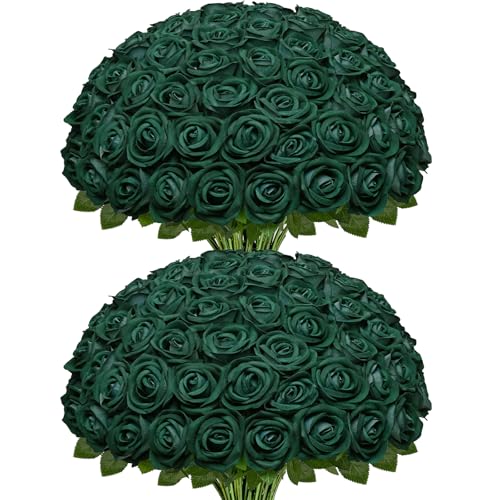 Waipfaru 100 Pcs Green Roses, Fake Roses Artificial Velet Flowers for Valentines Mothers Day Wedding Centerpieces Decor (Emerald Green)