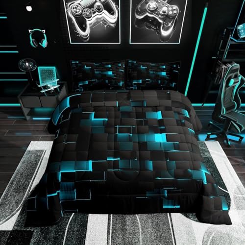Erosebridal Black Teal Comforter Set Twin Neon Turquoise Geometric Checkered Bedding Set for Boys Gaming Room Decor,Teen Men Abstract Stereoscopic Grids Quilt Square Plaid Bed Set 2 Pcs