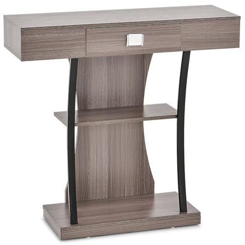 CASART 3-Tier Console Table, T-Shaped Entryway Sofa Table Behind Foyer Table with Drawer, Shelves & Anti-Tipping Kits, Industrial Compact Couch Table for Living Room Hallway (1 Drawer, Grey)