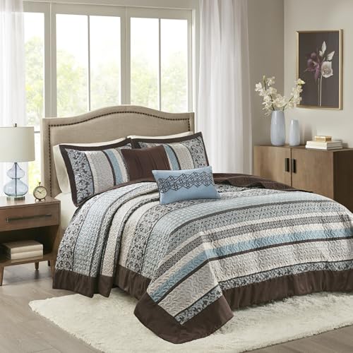 "Madison Park Princeton Reversible Quilted Bedspread Set, Solid Reverse Summer Breathable, Lightweight All Season Bedding Layer, Matching Shams, Bedspread Queen(102""x118""), Blue 5 Piece"