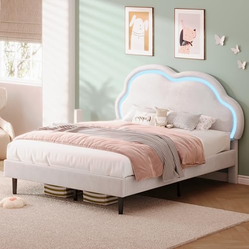 Ball & Cast 4ft6 Double Upholstered Bed with LED Adjustable Cute Cloud Headboard, Soft Velvet Bed Frame with Solid Wood Slat, No Box Spring Needed, Easy Assembly, Cream White (No Mattress)
