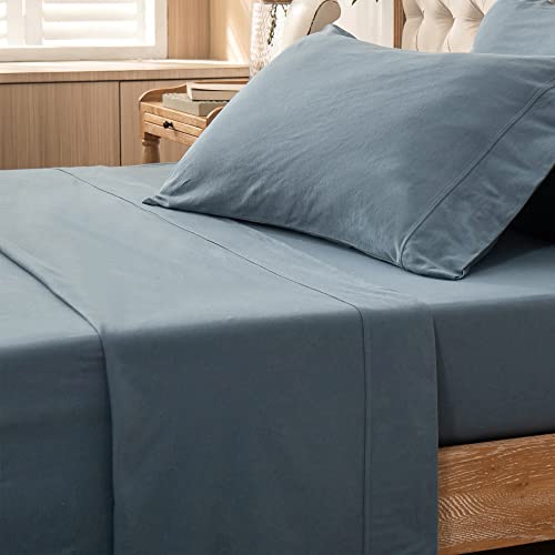 PURE ERA Jersey Knit Flat Top Sheet Only 100% T-Shirt Heather Cotton Super Soft Comfy Breathable (1-Pack, Queen, Solid Cerulean Blue)