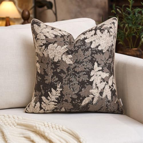 Yangest Neutral Leaf Pillow Cover 18 x18 Inches, Vintage Chenille Square Throw Pillow Cover Soft Leaves Nature Accent Couch Pillow Cover for Living Room Bedroom, Grey
