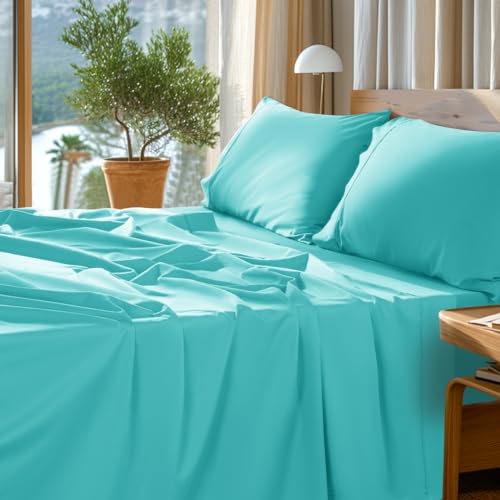 "SONORO KATE 1000 Series 100% Egyptian Cotton King Sheet Set,4 Pieces - Soft,Breathable Long Staple,Sateen Weave,Luxury 5-Star Hotel Bed Sheets,16"" Deep Pocket,Seafoam"