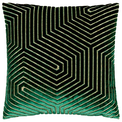 Paoletti Evoke Velvet Feather Filled Cushion – Luxurious Chevron Pattern Decorative Square Pillow With Filling (Emerald - 45x45cm)